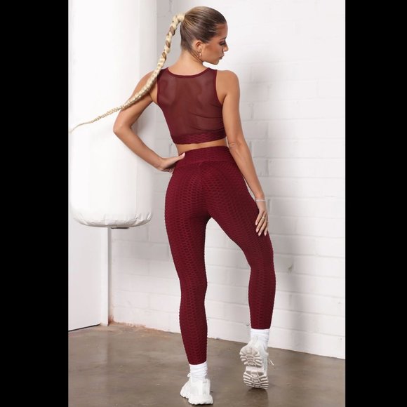 NWOT | Fashion Nova | Textured Scrunch Bum Active Leggings | Small | Burgundy - Picture 2 of 9